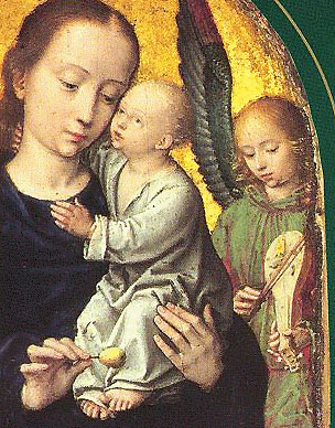 Detail from a Renaissance painting of the Madonna, Child, and an angel with a stringed instrument.